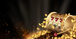 Изображение игрового автомата, выбрасывающего монеты с видимым числом 777, рекламирующее бесплатные вращения в Honey Money с захватывающим дизайном.